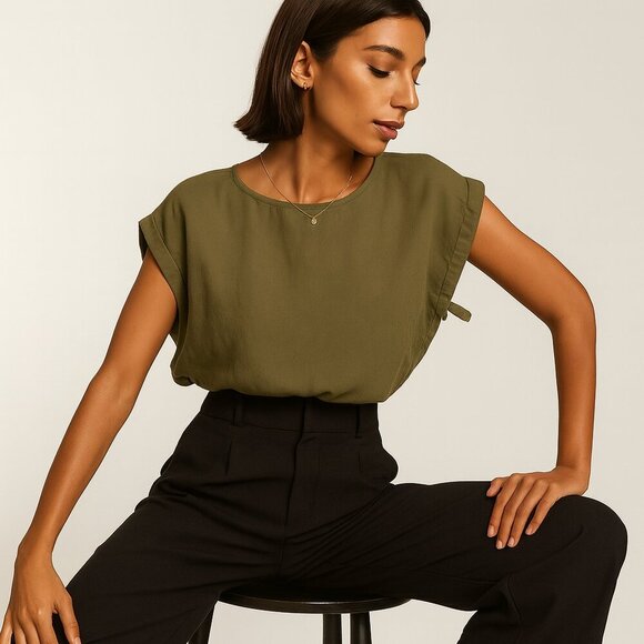 Everlane Linen Side Tie Top Olive Green Minimalist Capsule Wardrobe S - Picture 6 of 13